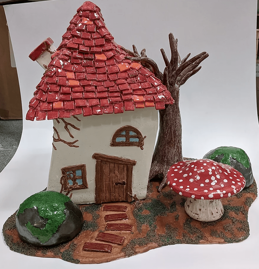 Ceramic Teapot Set - included: teapot (house), 2 cups (rocks), milk container (mushroom)